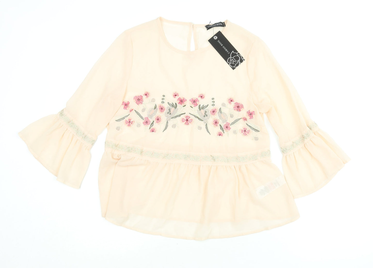 Cameo Rose Womens Pink Polyester Basic Blouse Size 10 Round Neck - Semi Sheer Floral Embroidery