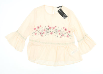 Cameo Rose Womens Pink Polyester Basic Blouse Size 10 Round Neck - Semi Sheer Floral Embroidery