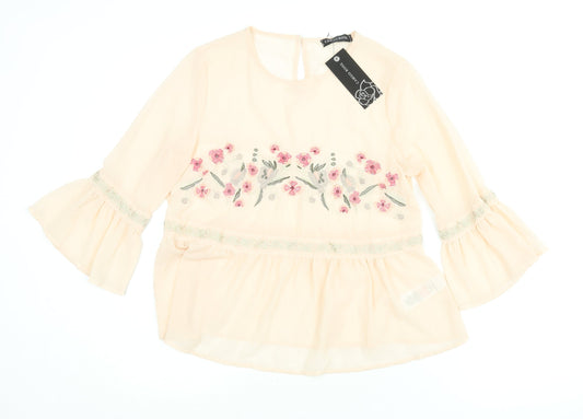 Cameo Rose Womens Pink Polyester Basic Blouse Size 10 Round Neck - Semi Sheer Floral Embroidery