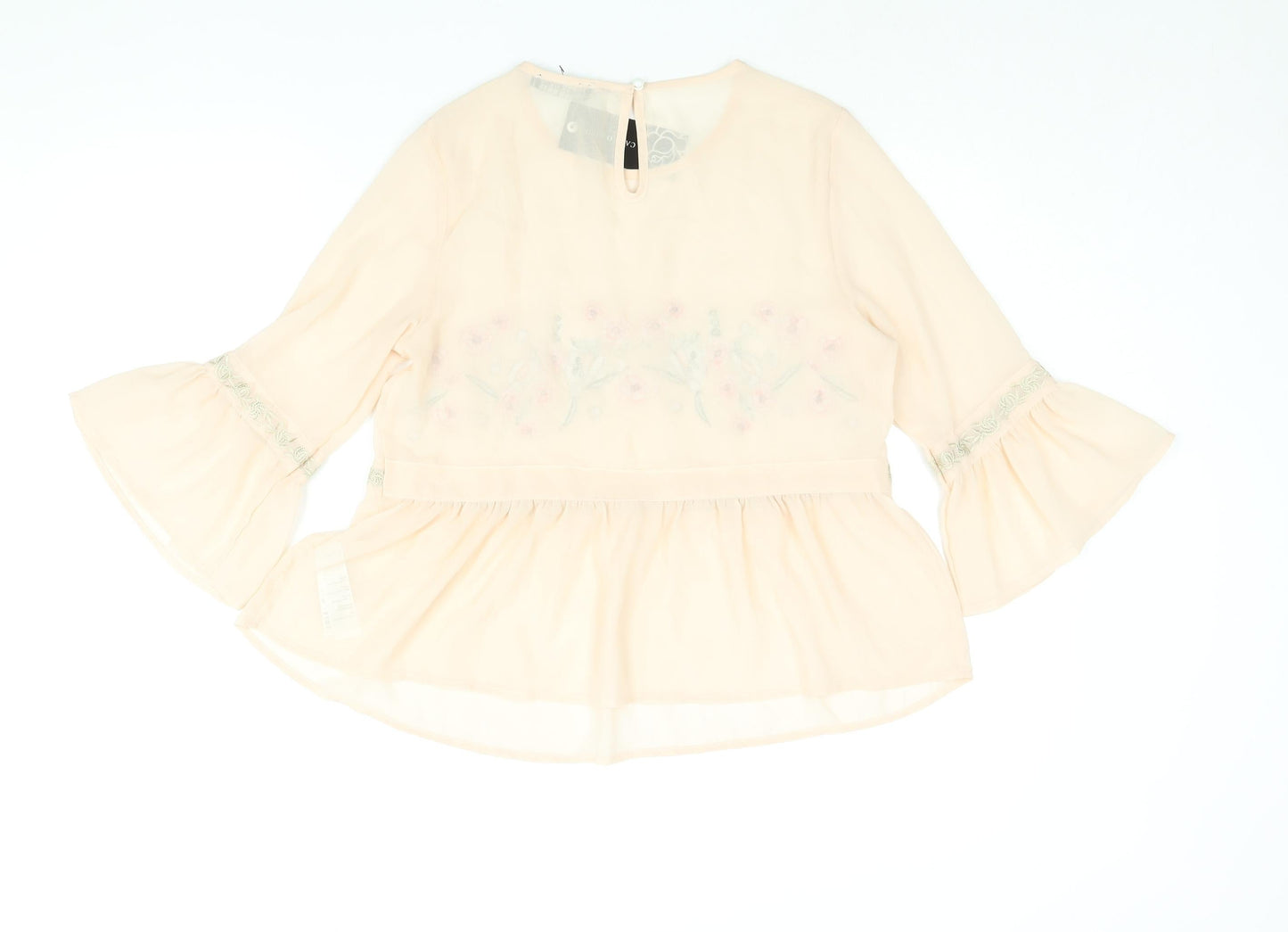 Cameo Rose Womens Pink Polyester Basic Blouse Size 10 Round Neck - Semi Sheer Floral Embroidery