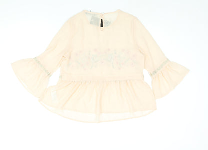 Cameo Rose Womens Pink Polyester Basic Blouse Size 10 Round Neck - Semi Sheer Floral Embroidery