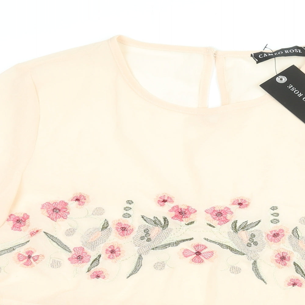 Cameo Rose Womens Pink Polyester Basic Blouse Size 10 Round Neck - Semi Sheer Floral Embroidery