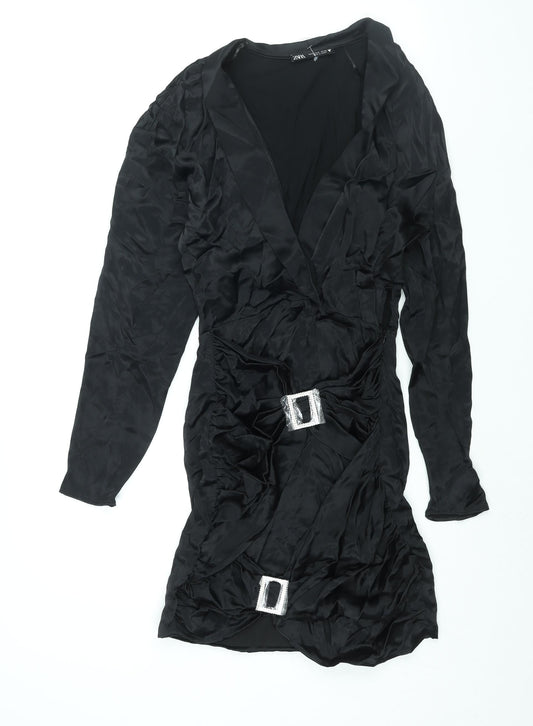 Zara Womens Black Viscose Mini Size S V-Neck Zip - Rhinestone Buckle Detail