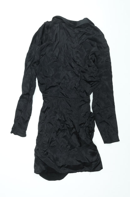 Zara Womens Black Viscose Mini Size S V-Neck Zip - Rhinestone Buckle Detail