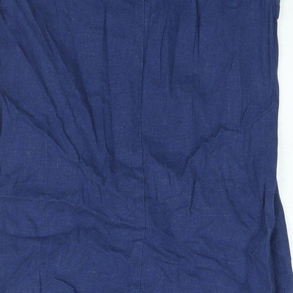 NEXT Womens Blue Linen Sheath Size 10 Round Neck Button - Lace Detail