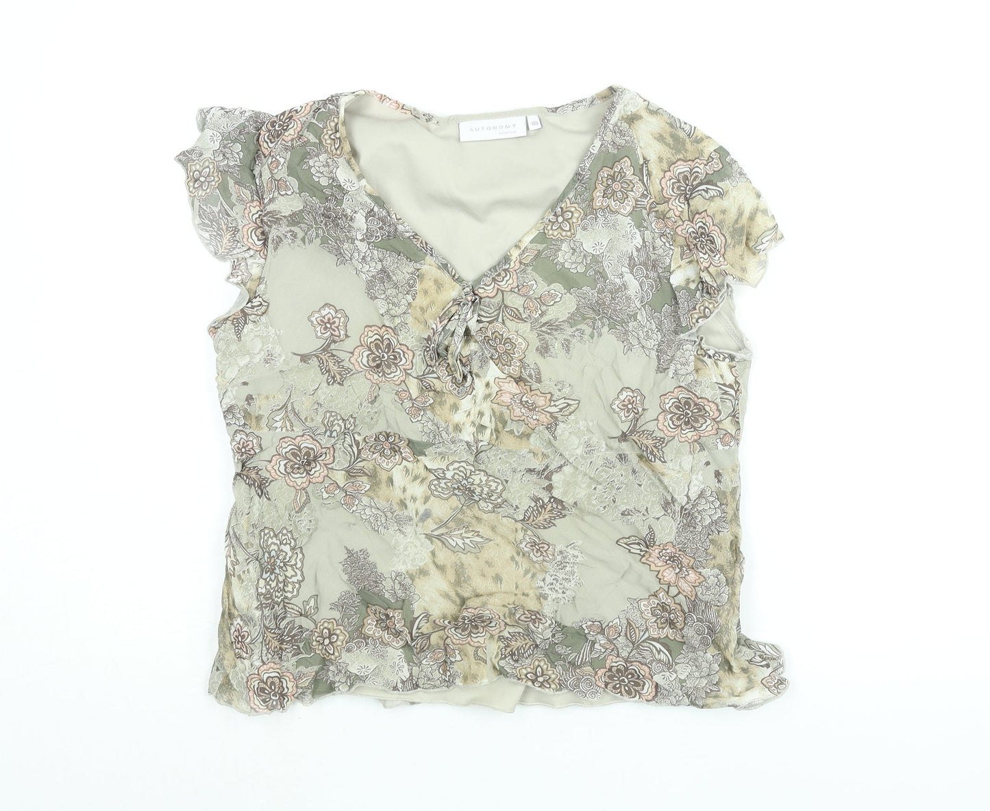 Autonomy Womens Beige Geometric Polyester Basic Blouse Size 16 V-Neck