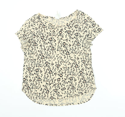 H&M Womens Beige Animal Print Cotton Basic T-Shirt Size S Round Neck - Leopard Print