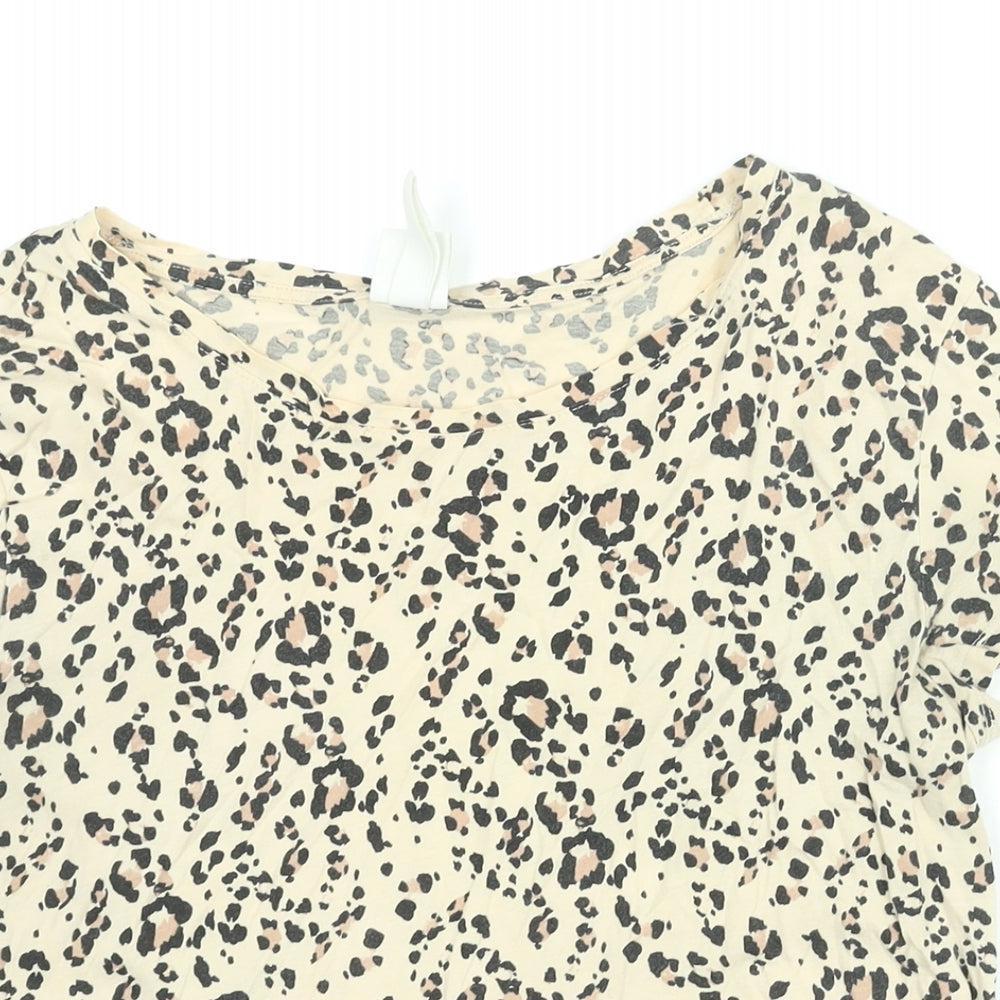 H&M Womens Beige Animal Print Cotton Basic T-Shirt Size S Round Neck - Leopard Print