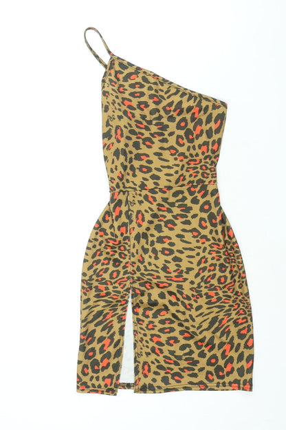 PRETTYLITTLETHING Womens Brown Animal Print Polyester Mini Size 6 One Shoulder Pullover - Belted Leopard Print
