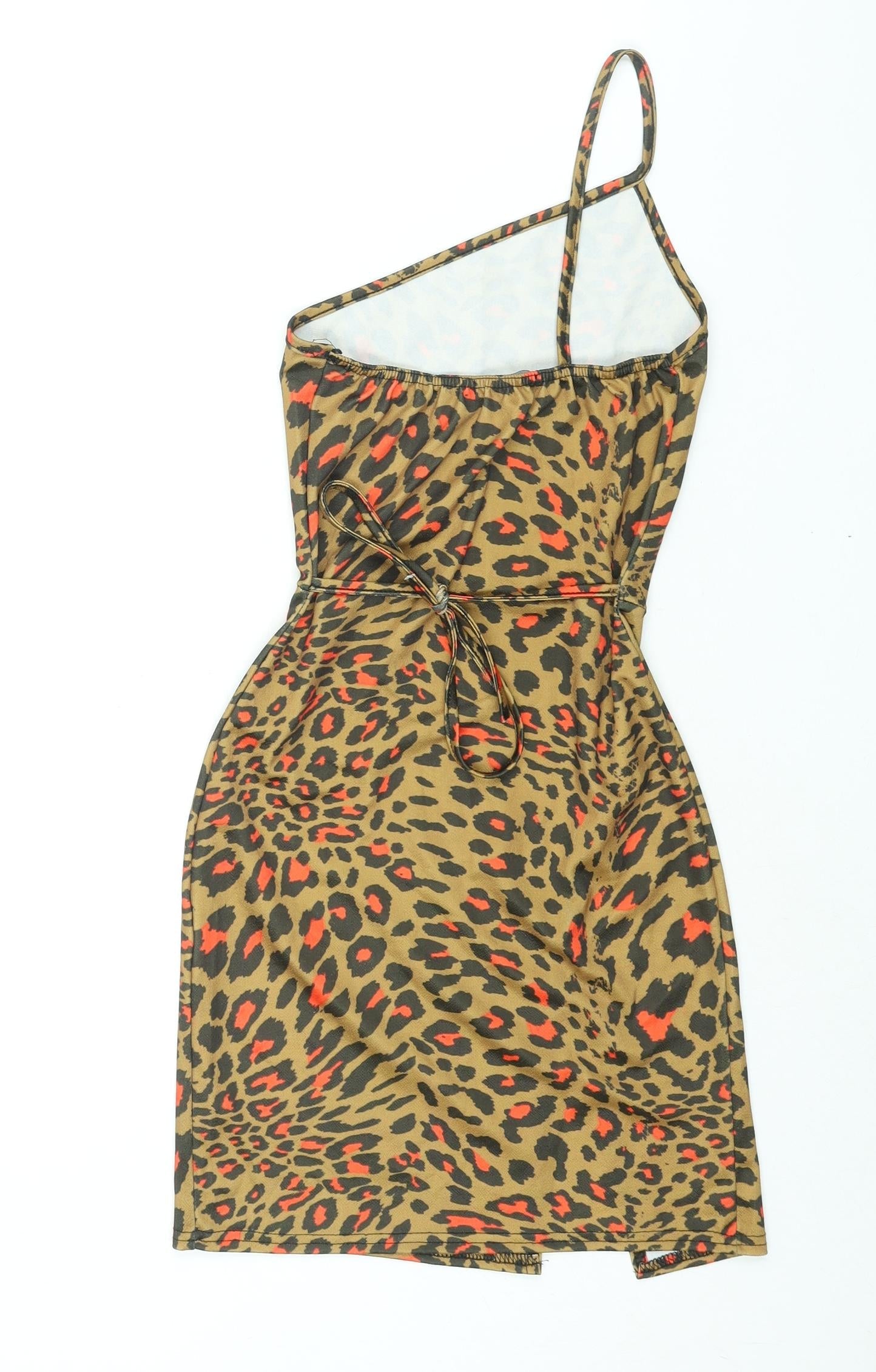 PRETTYLITTLETHING Womens Brown Animal Print Polyester Mini Size 6 One Shoulder Pullover - Belted Leopard Print