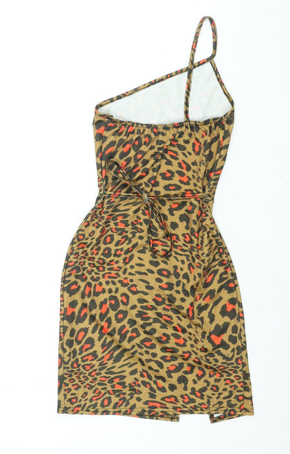 PRETTYLITTLETHING Womens Brown Animal Print Polyester Mini Size 6 One Shoulder Pullover - Belted Leopard Print