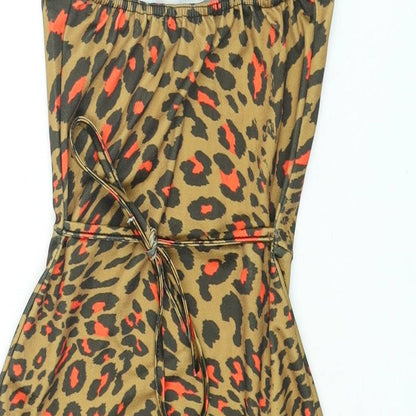 PRETTYLITTLETHING Womens Brown Animal Print Polyester Mini Size 6 One Shoulder Pullover - Belted Leopard Print