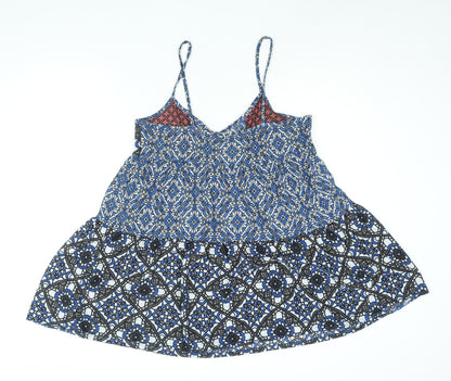 Topshop Womens Blue Geometric Polyester A-Line Size 14 Scoop Neck Pullover - Smocked