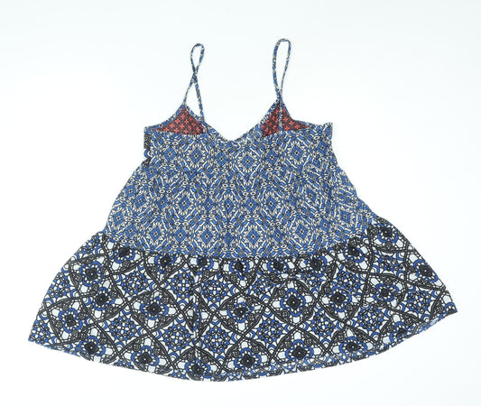 Topshop Womens Blue Geometric Polyester A-Line Size 14 Scoop Neck Pullover - Smocked