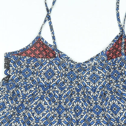 Topshop Womens Blue Geometric Polyester A-Line Size 14 Scoop Neck Pullover - Smocked
