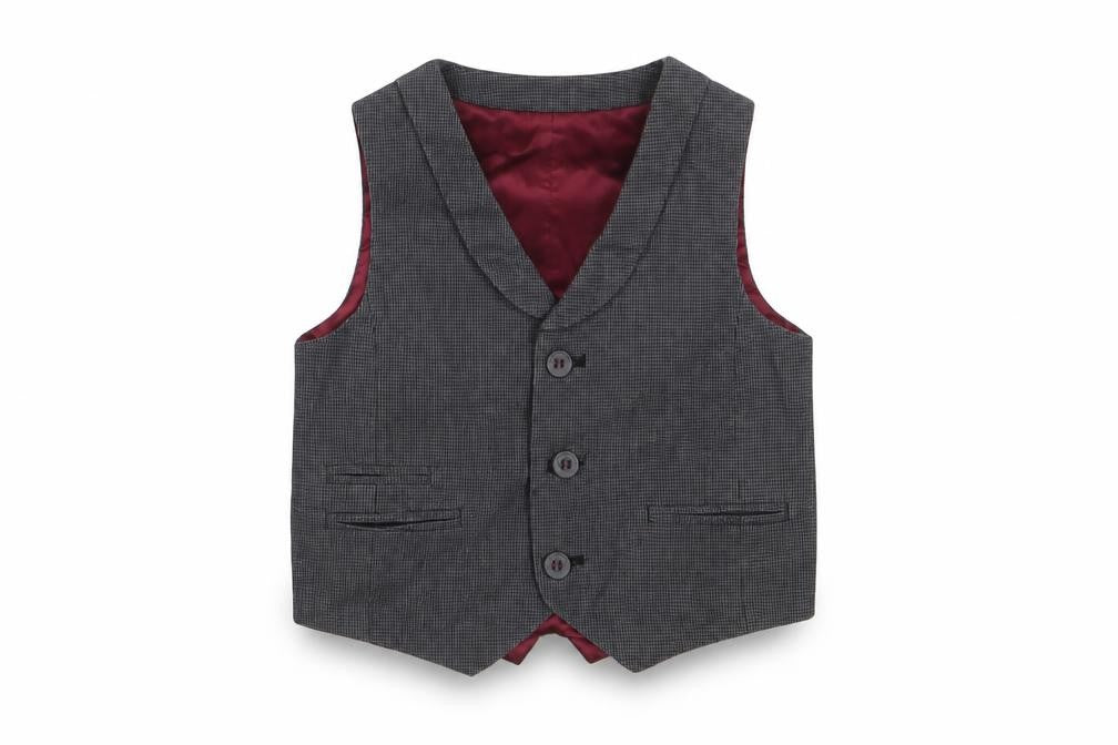 Front view of Autograph boys’ grey houndstooth jacket waistcoat, size 2-3, years button