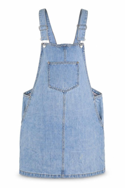 Front view of Only women’s blue cotton pinafore/dungaree dress, size UK 10, square neck button
