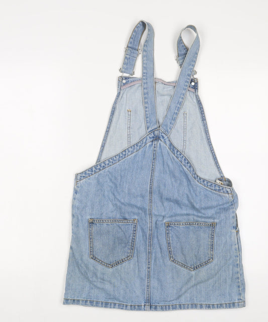 Only Womens Blue Cotton Pinafore/Dungaree Dress Size 10 Square Neck Button