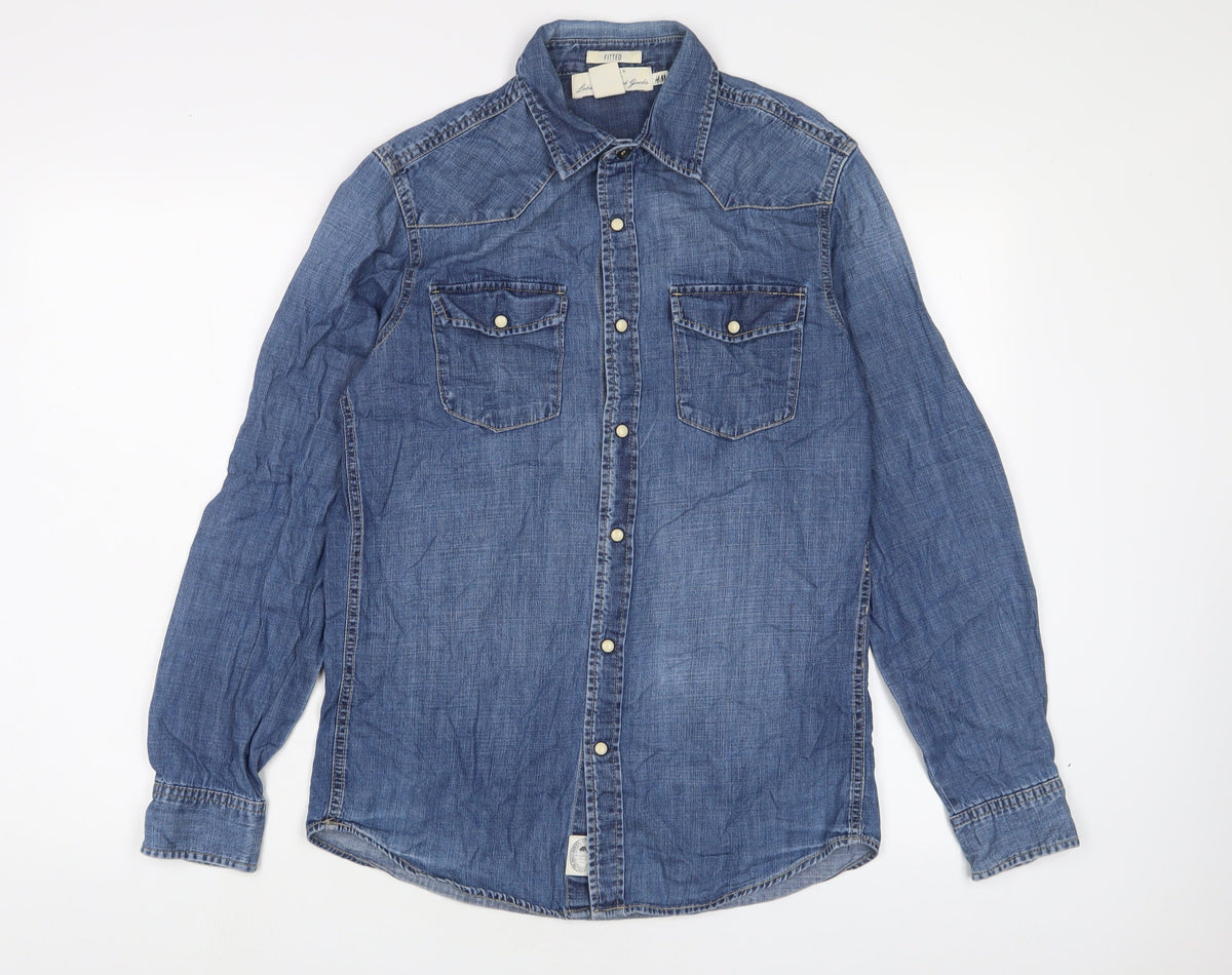 H&M Mens Blue Cotton Button-Up Size S Collared Snap