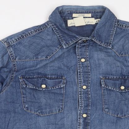 H&M Mens Blue Cotton Button-Up Size S Collared Snap