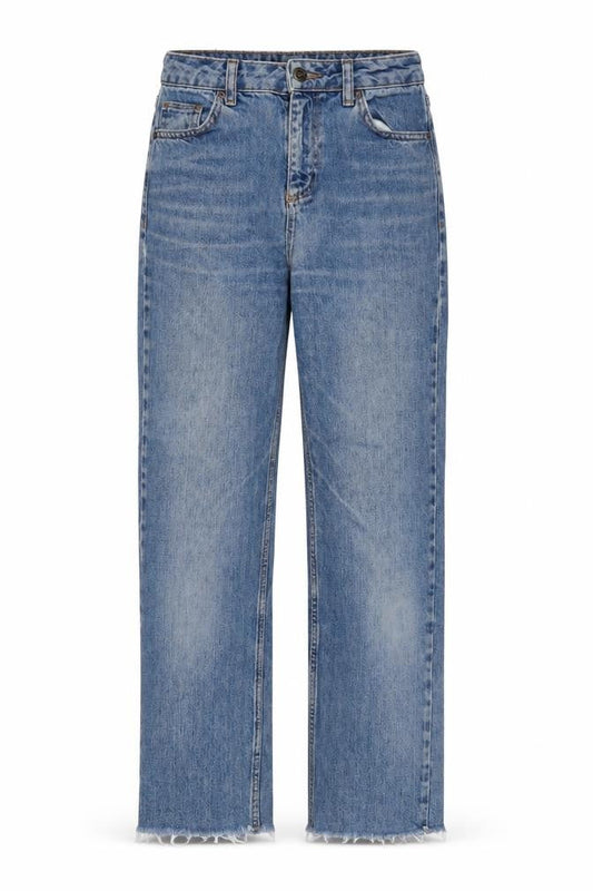 Front view of BDG women’s blue cotton straight jeans, size UK 26, in, 32-inch leg regular zip