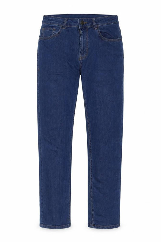 Front view of Denim & Co. men’s blue cotton straight jeans, size 32, in, 32-inch leg slim zip