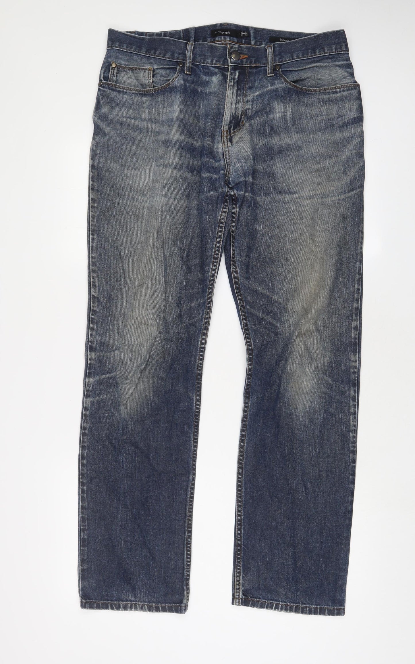 Autograph Mens Blue Cotton Straight Jeans Size 34 in L33 in Regular Zip - Long Leg