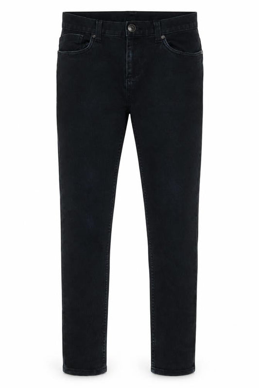 Front view of Denim & Co. men’s black cotton skinny jeans, size 30, in, 32-inch leg regular zip