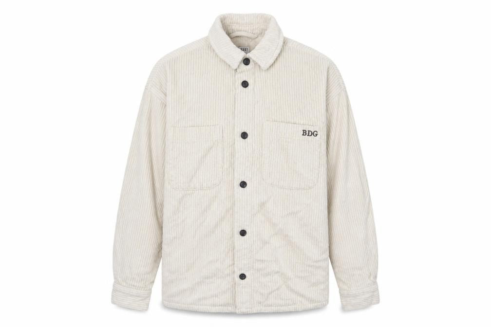Front view of BDG men’s ivory cotton button-up, size S, collared button
