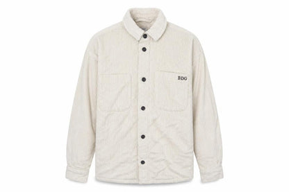 Front view of BDG men’s ivory cotton button-up, size S, collared button