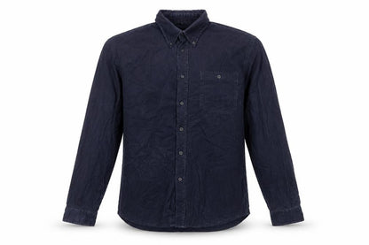 Front view of Camargue men’s blue cotton button-up, size L, collared button