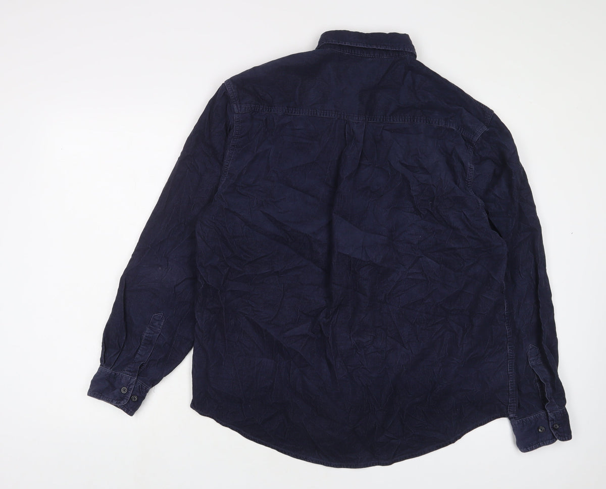 Back view of Camargue men’s blue cotton button-up, size L, collared button