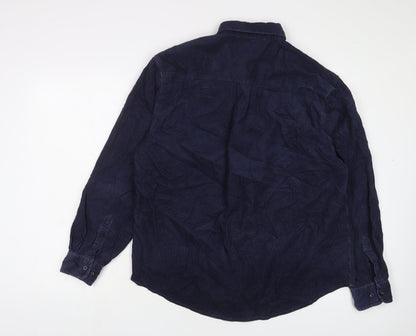 Back view of Camargue men’s blue cotton button-up, size L, collared button