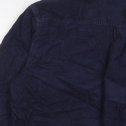 Brand and care label for Camargue men’s blue cotton button-up, size L, collared button