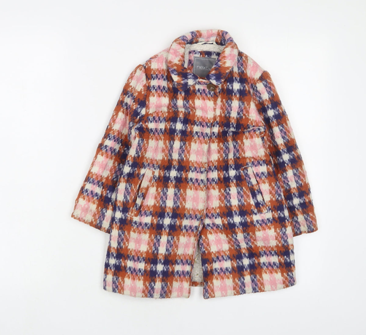 Additional front view of Next girls’ multicoloured plaid overcoat coat, size 4, years button