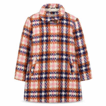 Front view of Next girls’ multicoloured plaid overcoat coat, size 4, years button