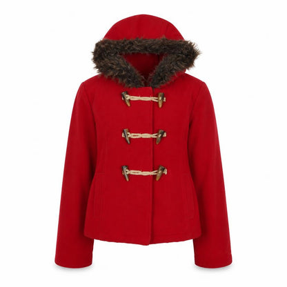 Front view of Marks & Spencer girls’ red overcoat coat, size 7-8, years button