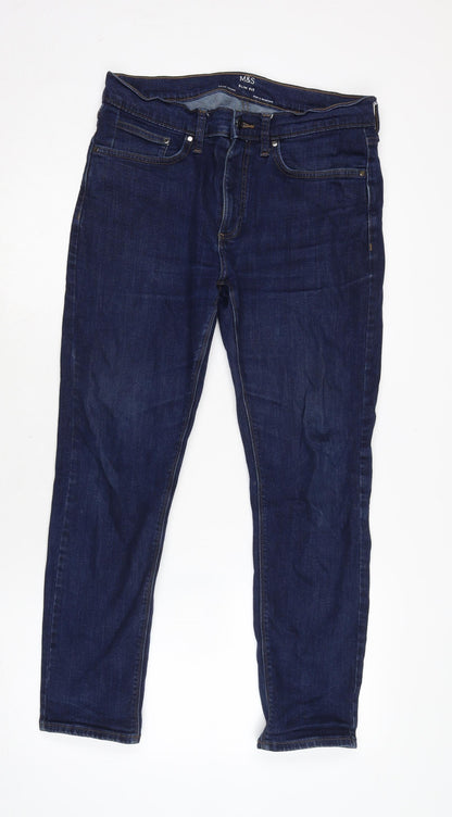 Marks and Spencer Mens Blue Cotton Blend Straight Jeans Size 30 in L25 in Slim Zip