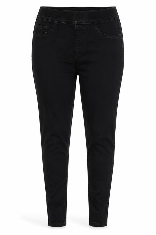 Front view of Denim & Co. women’s grey cotton blend jegging jeans, size UK 12, 26-inch leg regular