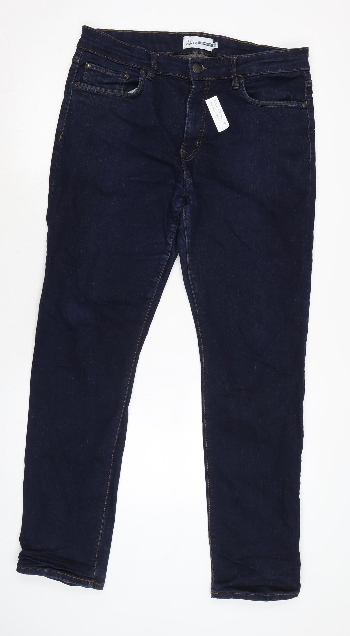 easy denim Mens Blue Cotton Blend Straight Jeans Size 36 in L34 in Regular Zip