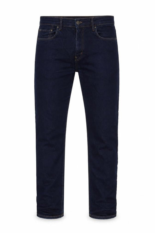 Front view of easy denim men’s blue cotton blend straight jeans, size 36, in, 34-inch leg regular zip