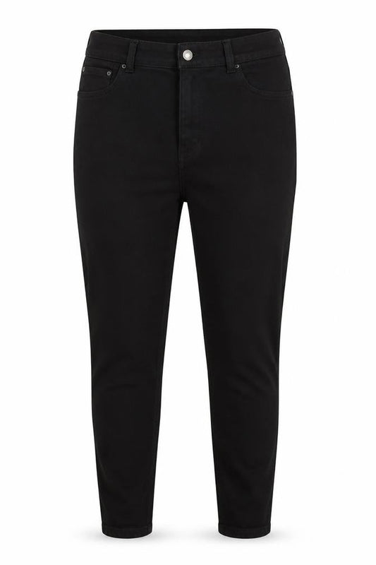 Front view of Denim & Co. women’s black cotton blend tapered jeans, size UK 16, 27-inch leg regular zip