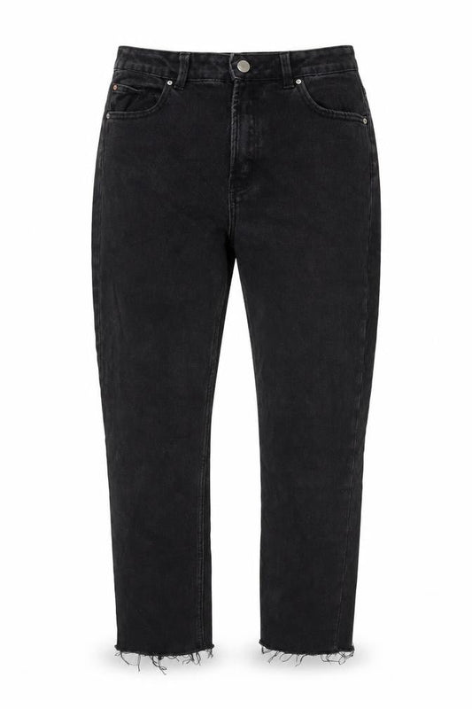 Front view of Denim & Co. women’s black cotton straight jeans, size UK 12, 24-inch leg regular zip - raw hem
