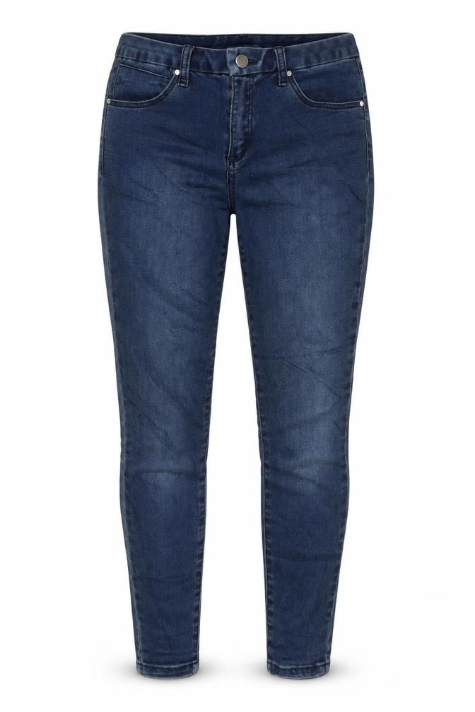 Front view of ASOS women’s blue cotton blend skinny jeans, size UK 26, in, 27-inch leg regular zip