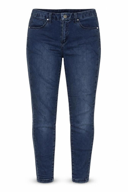 Front view of ASOS women’s blue cotton blend skinny jeans, size UK 26, in, 27-inch leg regular zip
