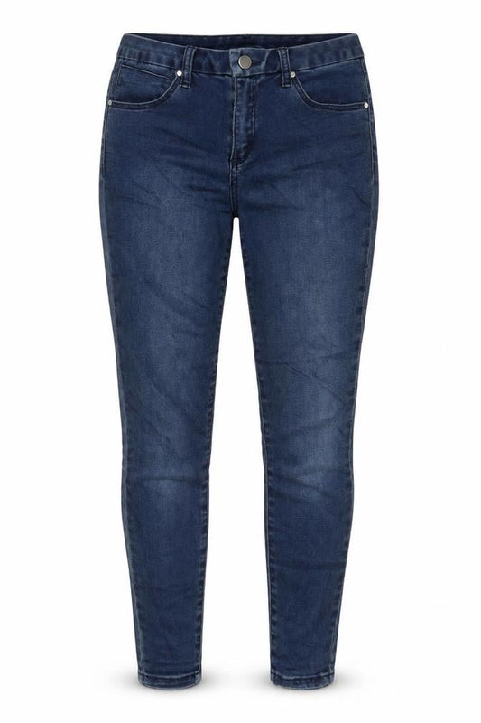 Front view of ASOS women’s blue cotton blend skinny jeans, size UK 26, in, 27-inch leg regular zip