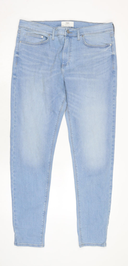 Marks and Spencer Mens Blue Cotton Blend Skinny Jeans Size 36 in L33 in Regular Zip
