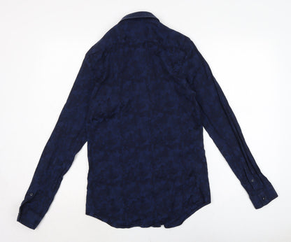 Zara Mens Blue Camouflage Cotton Button-Up Size S Collared Button