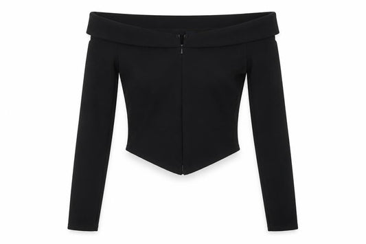 Front view of ASOS women’s black polyester cropped t-shirt, size UK 10, boat neck