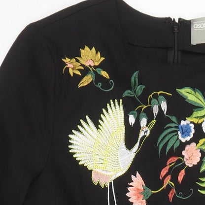 ASOS Womens Black Polyester A-Line Size 8 Roll Neck - Embroidered Detail